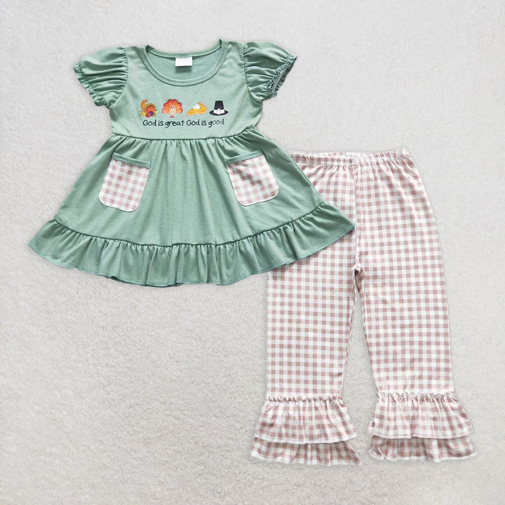 5.13 RTS NO MOQ Baby Girls Summer Kids Sets GSPO0827 Thanksgiving Green Turkey Ruffle Pants Clothes Sets