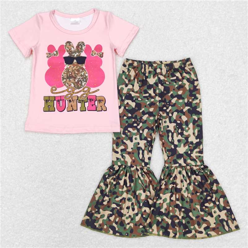RTS NO MOQ Summer Sibling Baby Girls Boys Easter Rabbit Hunter Shirts Tops Camo Pants Sibling Clothes Sets