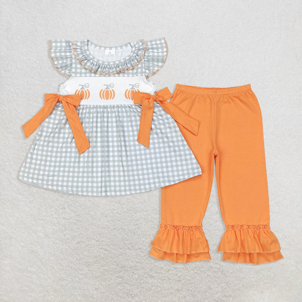 6.20 RTS NO MOQ Baby Girls Summer Kids Sets GSPO1533 Green Checkered Pumpkins Tunic Ruffle Pants Clothes Sets