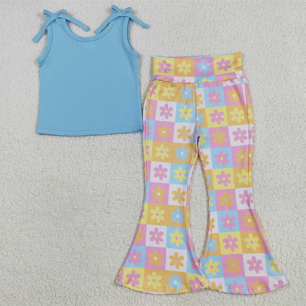 5.26 RTS NO MOQ Baby Girls Summer Kids Sets GSPO2017 Blue Top Flowers Plaid Bell Bottom Pants Sets