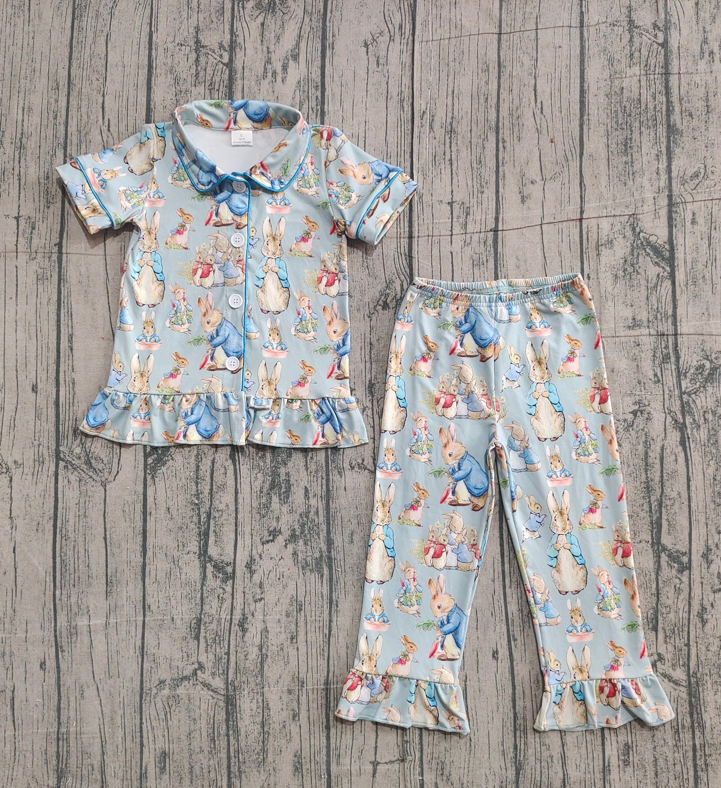 RTS Baby Girls Kids Short Sleeves Rabbits Buttons Shirt Pants Easter Pajamas Clothes Set