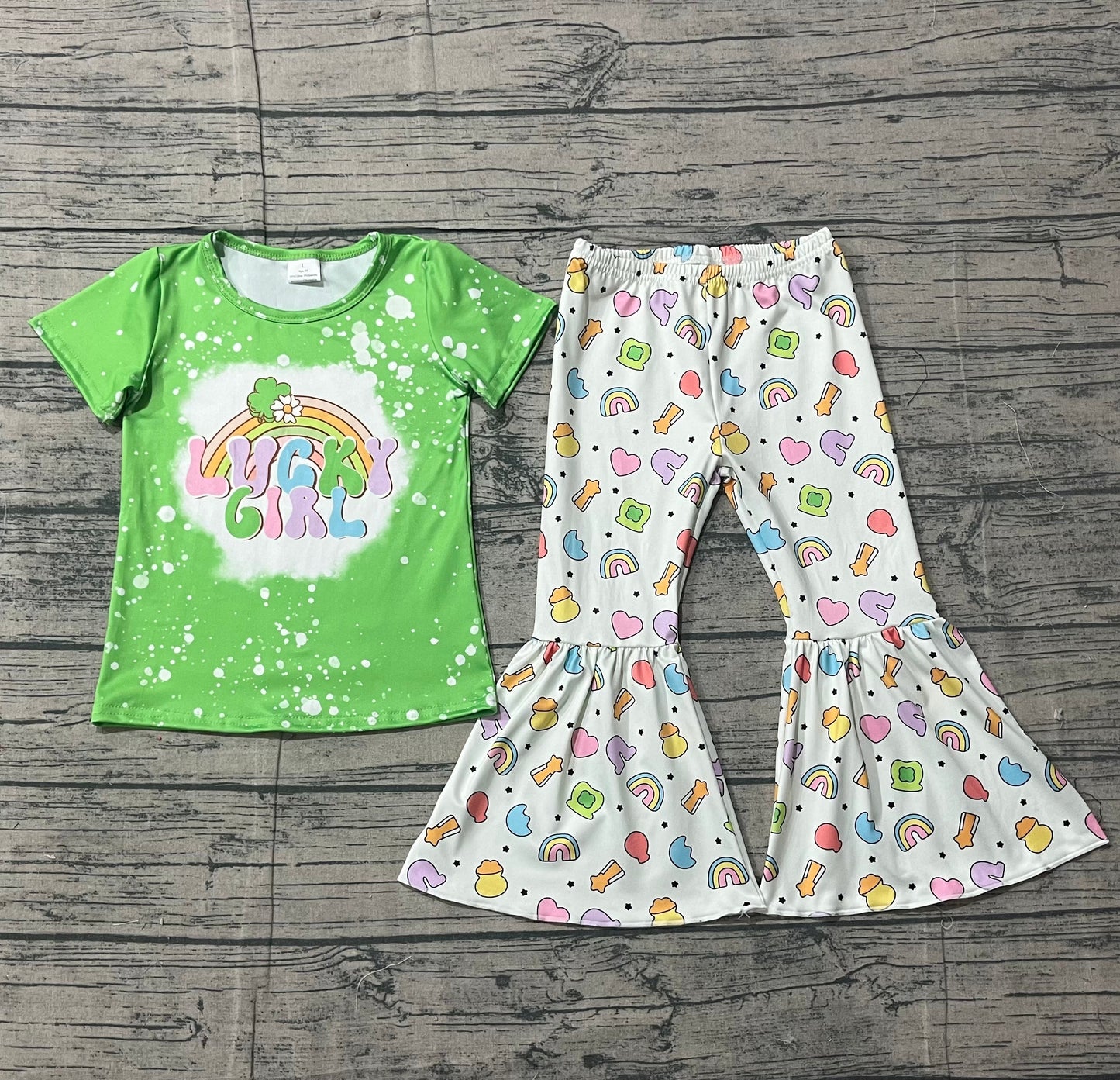 Baby Girl Kids Green Short Sleeves Lucky Clovers Shirt Bell Pants St Patrick Set RTS
