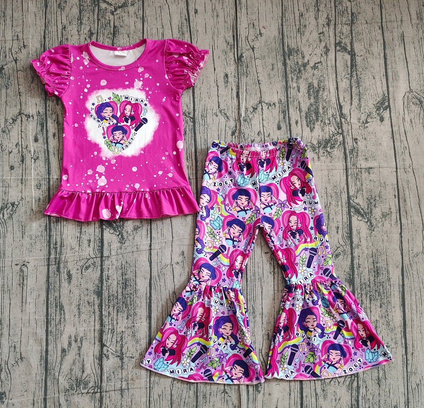 RTS Baby Girls Short Sleeves Pink Shirt Singer Character Hearts Flower Pants Clothes Set