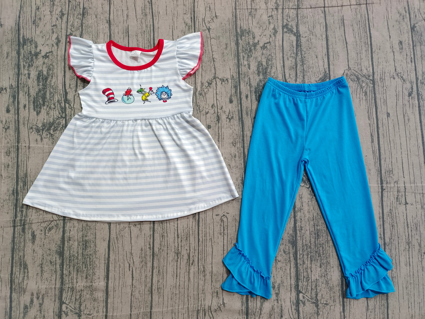 ( No moq ) Preorder Baby Girls Short Sleeves Stripes Reading Tunic Blue Ruffle Pants Clothes Set