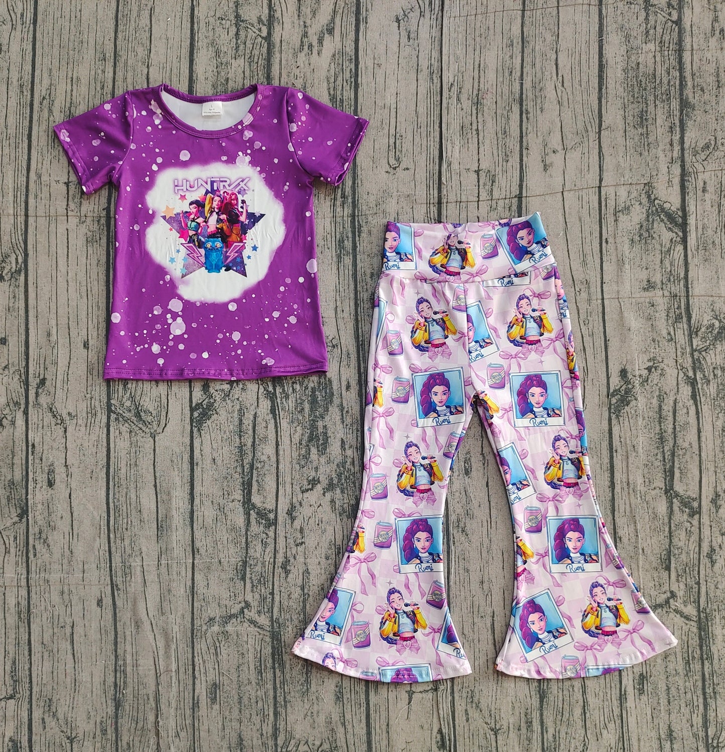 RTS Baby Girls Short Sleeves Singer Characters Bows Shirt Pants Purple Clothes Set