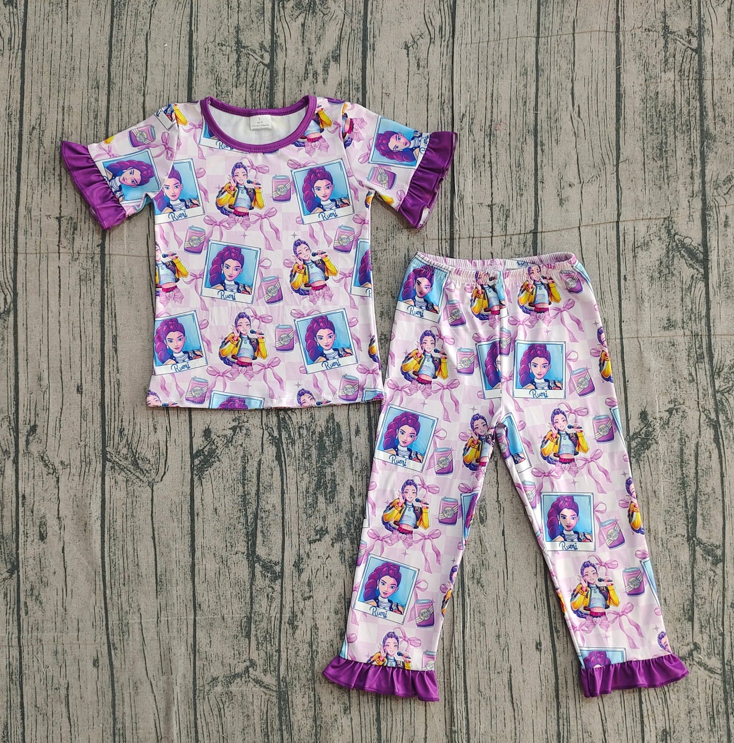 RTS Baby Girls Short Sleeves Singer Characters Purple Bows Shirt Pants Pajamas Set