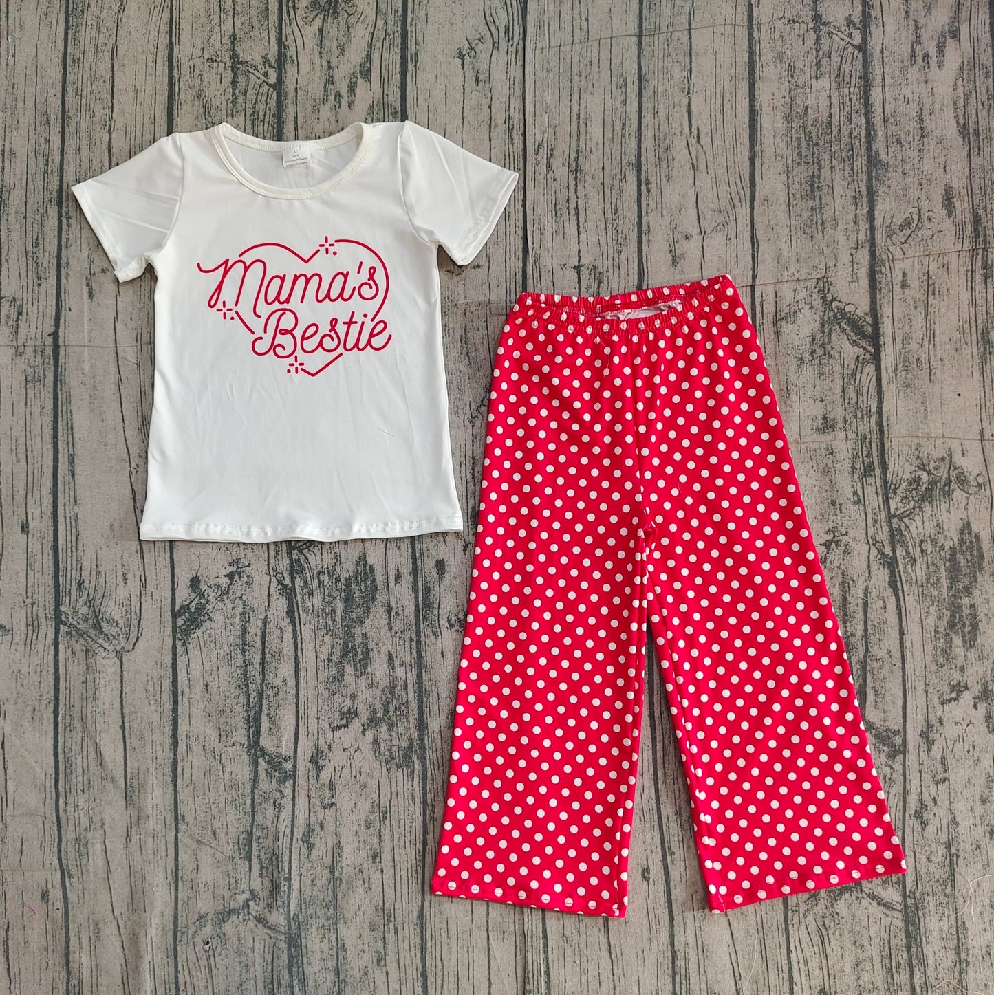 RTS Baby Girls Short Sleeves Mama's Bestie Heart Shirt Red Dots Pants Clothes Set