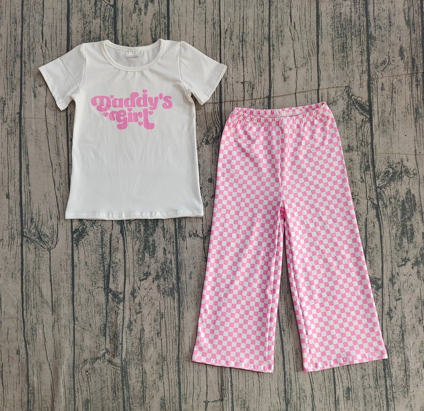 RTS Baby Kids Short Sleeves Daddy's Girl Hearts Shirt Pink Checked Pants Clothes Set