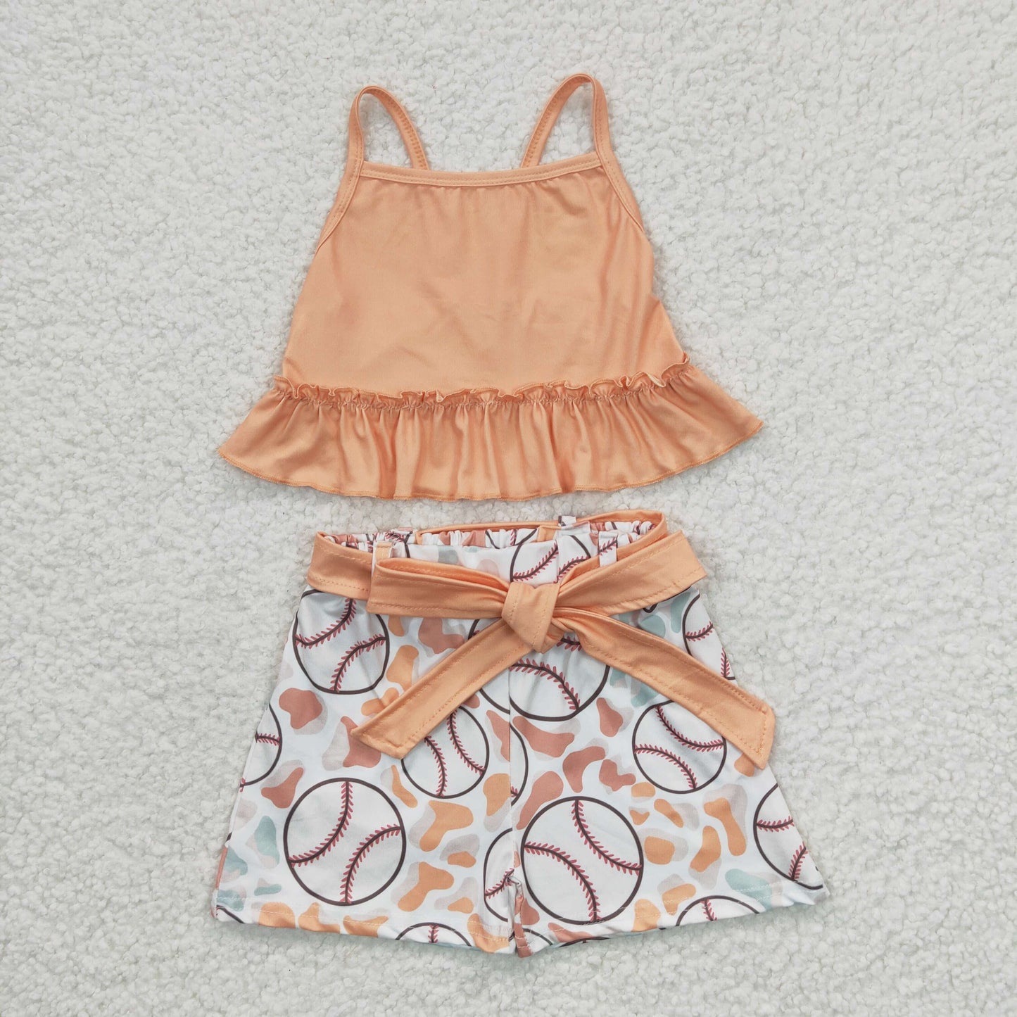 RTS NO MOQ Baby Girls Summer Sets GSSO0172 Baseball Stripe Top Belt Shorts Clothes Sets