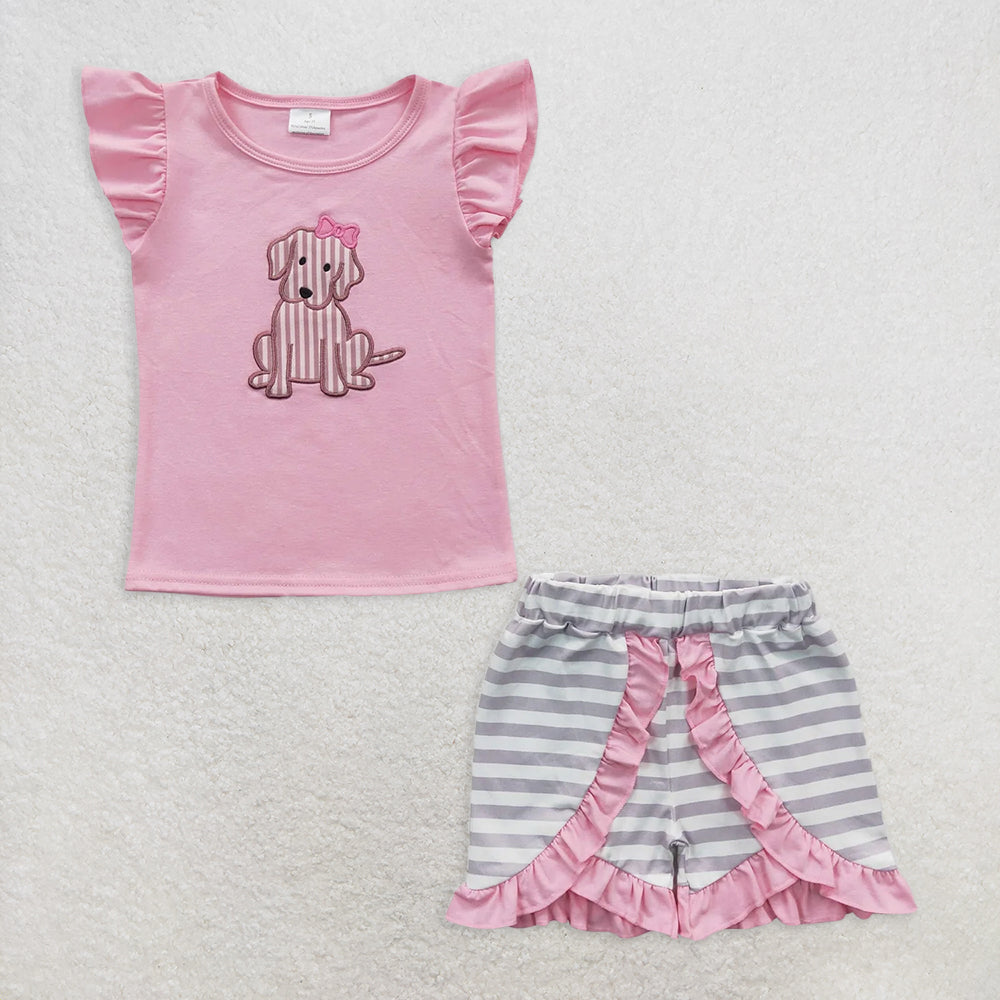 6.2 RTS NO MOQ Baby Girls Summer Sets GSSO0223 Pink Dog Shirt Stripe Shorts Sets