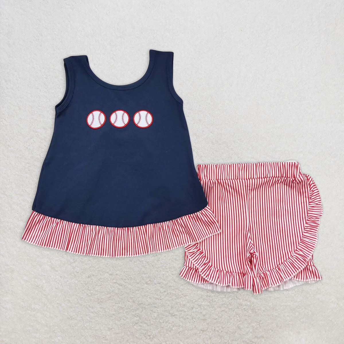 RTS NO MOQ Baby Girls Summer Sets GSSO0405 Baseball Sleeveless Tunic Tops Ruffle Shorts Outfits Clothes Sets