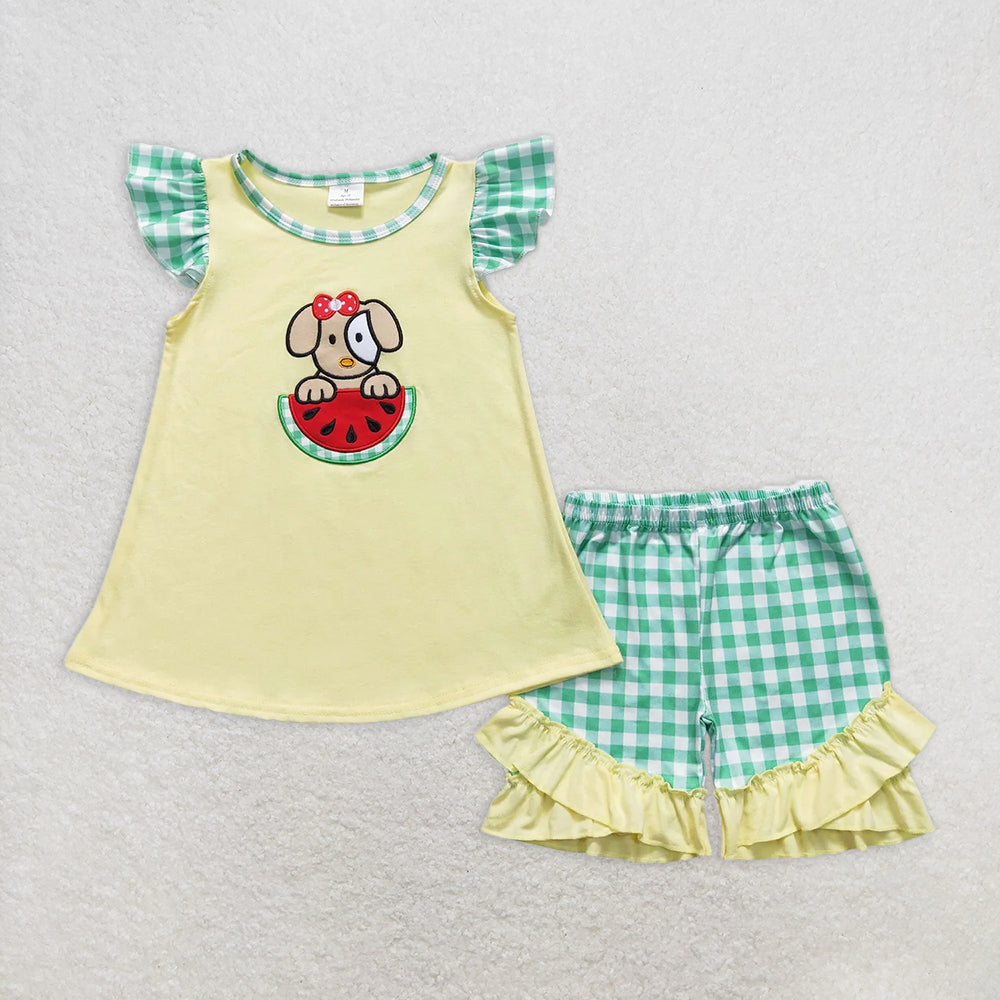 RTS NO MOQ Baby Girls Summer Sets GSSO0483 Dog Watermelon Flutter Sleeve Tunic Summer Shorts Clothes Sets