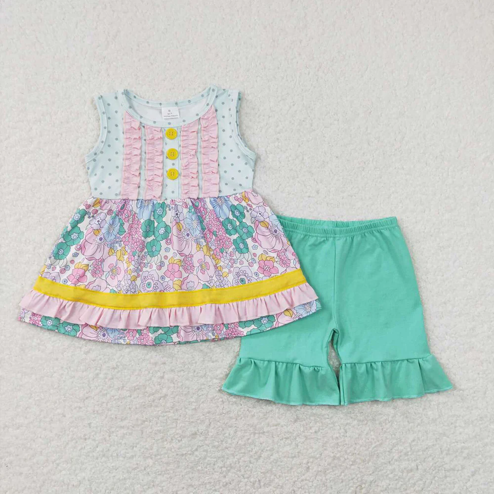 RTS NO MOQ Summer Sibling Baby Girls Floral Ruffle Tunic Shorts Clothes Sets