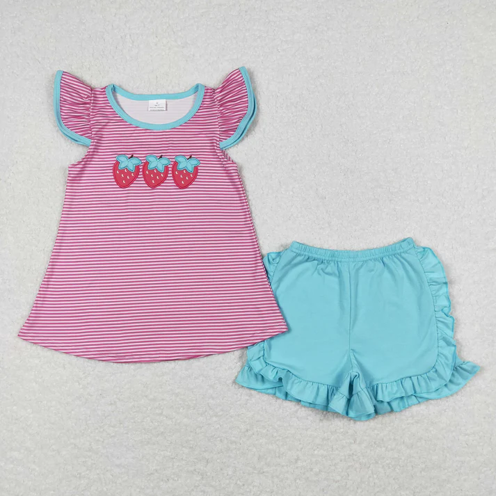 RTS NO MOQ Summer Sibling Baby Girls Flutter Sleeve Embroidery Strawberry Tunic Top Ruffle Shorts Clothes Sets