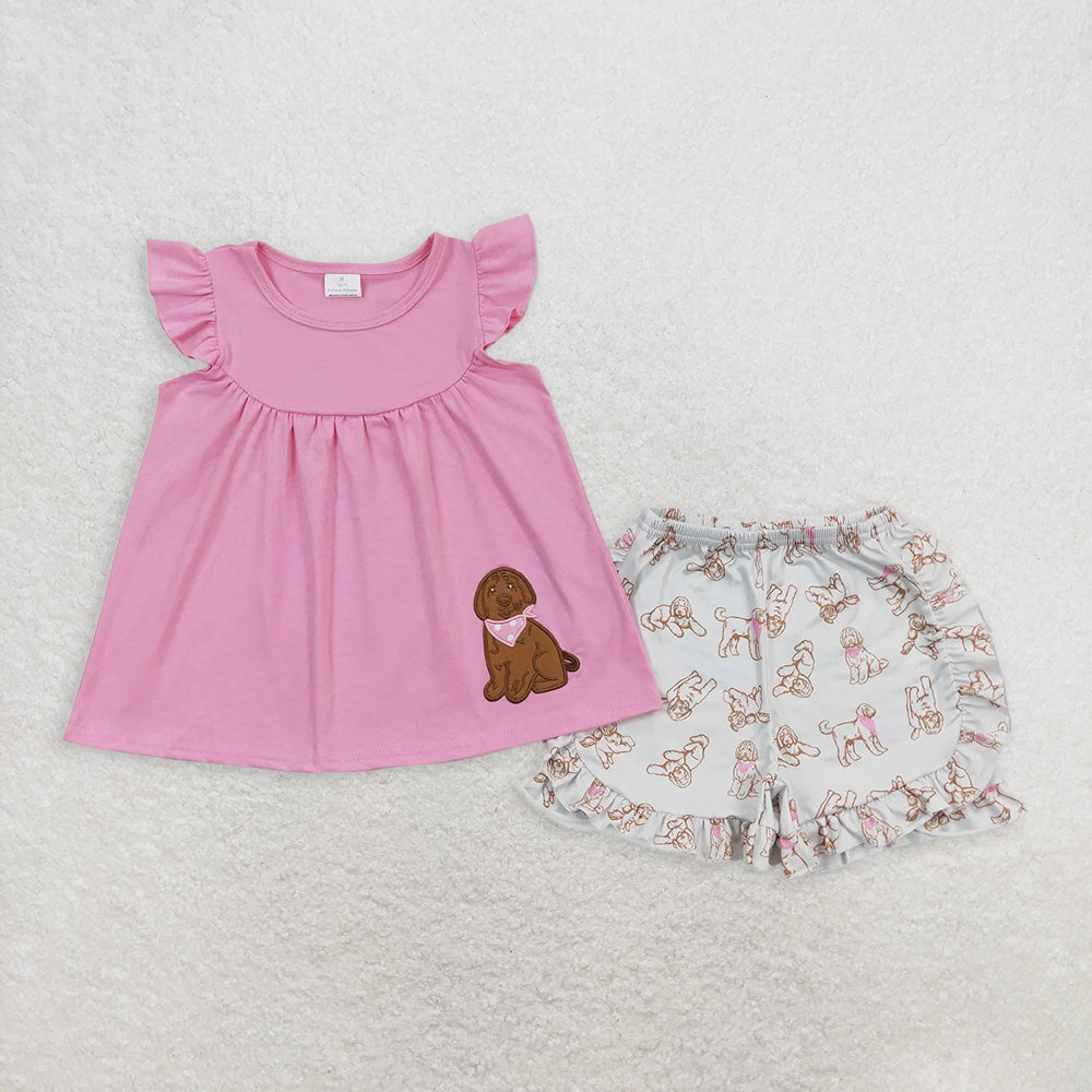 6.9 RTS NO MOQ Baby Girls Summer Sets GSSO0581 Pink Dog Tunic Top Ruffle Shorts Clothes Sets