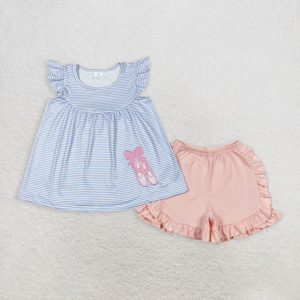 6.11 RTS NO MOQ Baby Girls Summer Sets GSSO0582 Dance Shoes Tunic Top Ruffle Shorts Clothes Sets