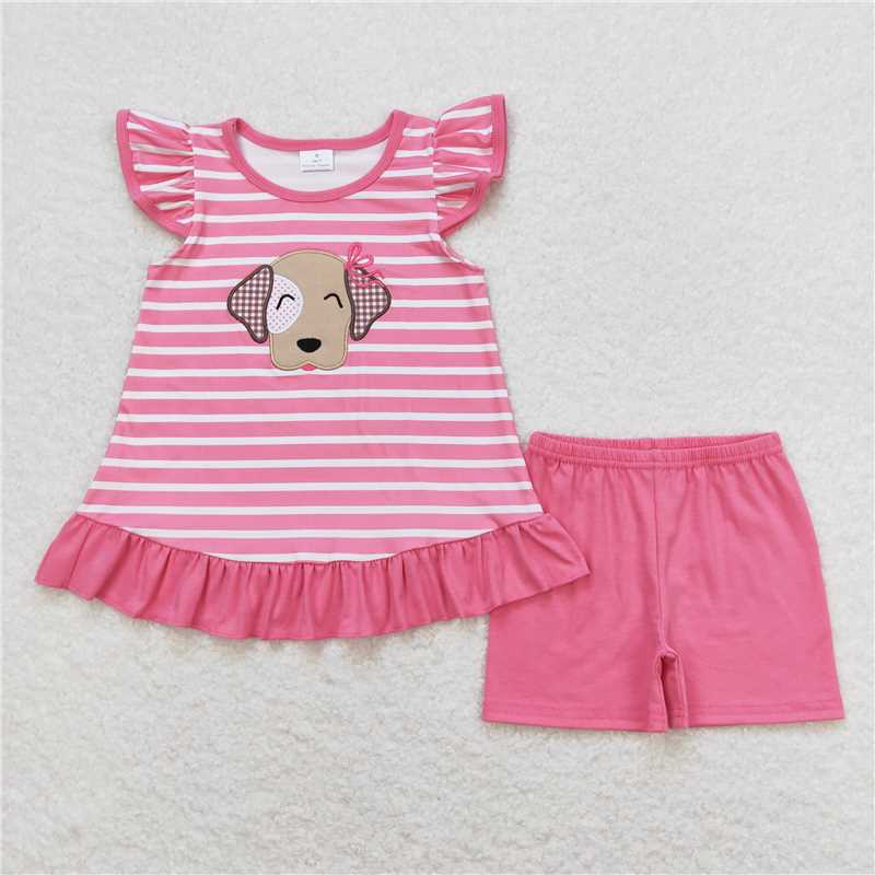 5.14 RTS NO MOQ Summer Sibling Baby Girls Flutter Sleeve Stripes Dog Tunic Top Shorts Clothes Sets