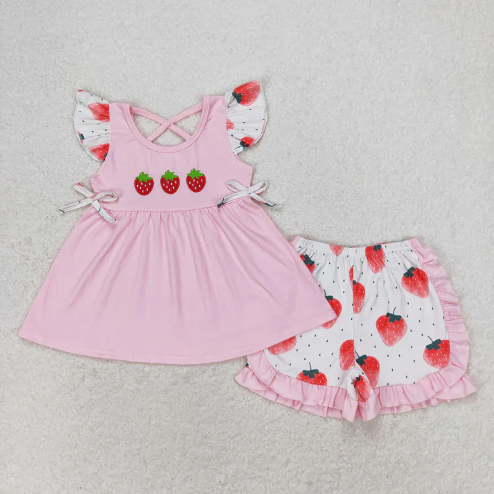 RTS NO MOQ Summer Sibling Baby Girls Flutter Sleeve Embroidery Strawberry Tunic Top Ruffle Shorts Clothes Sets