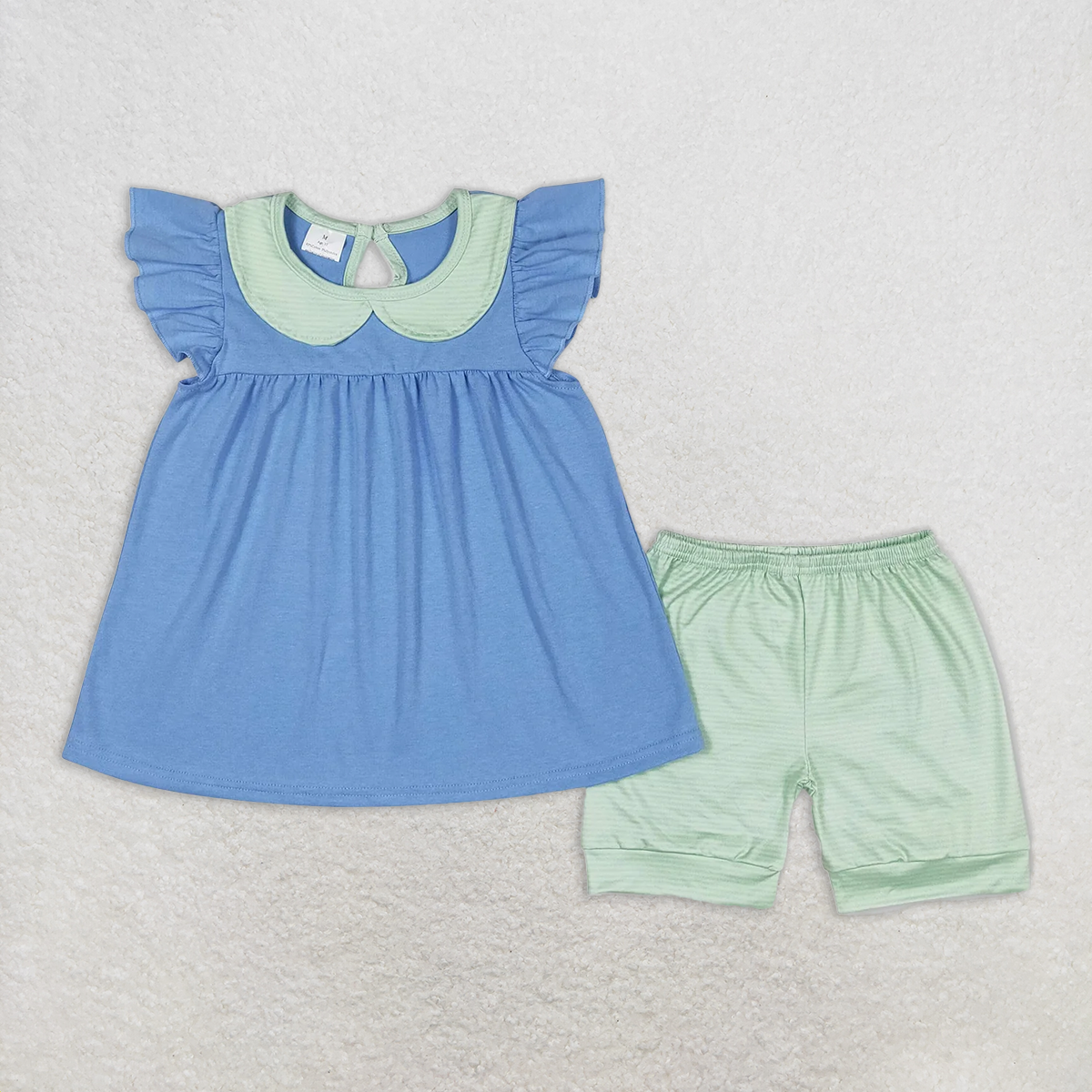 RTS NO MOQ Baby Girls Summer Sets GSSO1067 Blue Flutter Sleeve Tunic Shorts Clothes Sets