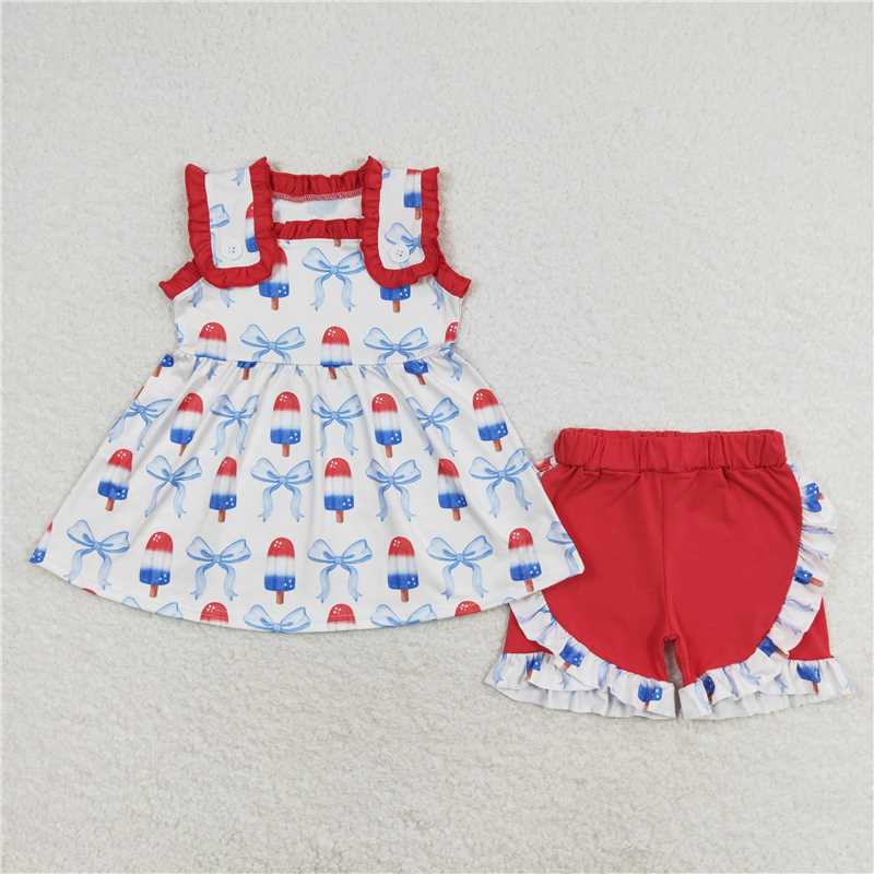 RTS NO MOQ Summer Sibling Baby Girls Popsicle Bows Rompers Clothes Sets