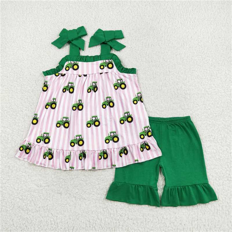 RTS NO MOQ Summer Sibling Baby Girls Boys Tractors Rompers Clothes Sets