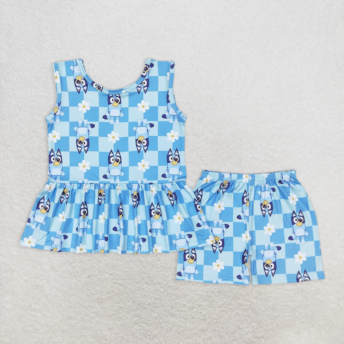 RTS NO MOQ Baby Girls Summer Sets GSSO1248 Blue Flowers Tunic Top Shorts Clothes Sets