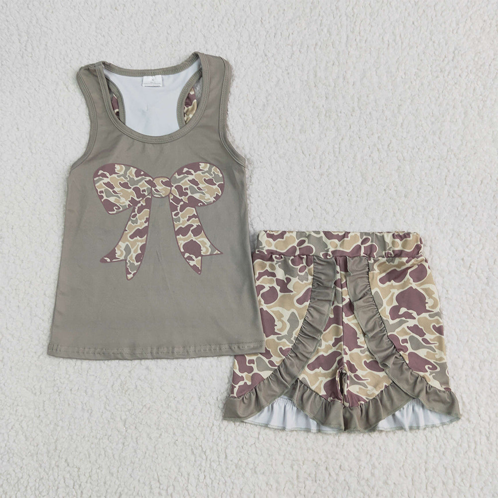 6.9 RTS NO MOQ Baby Girls Summer Sets GSSO1629 Dark Green Bows Vest Ruffle Shorts Clothes Sets