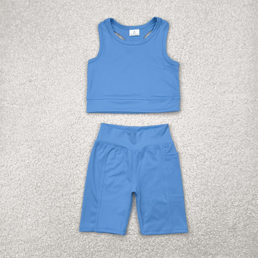 RTS NO MOQ Baby Girls Summer Kids Sets GSSO1515 Blue Athletic Active Wear Top Shorts Clothes Sets