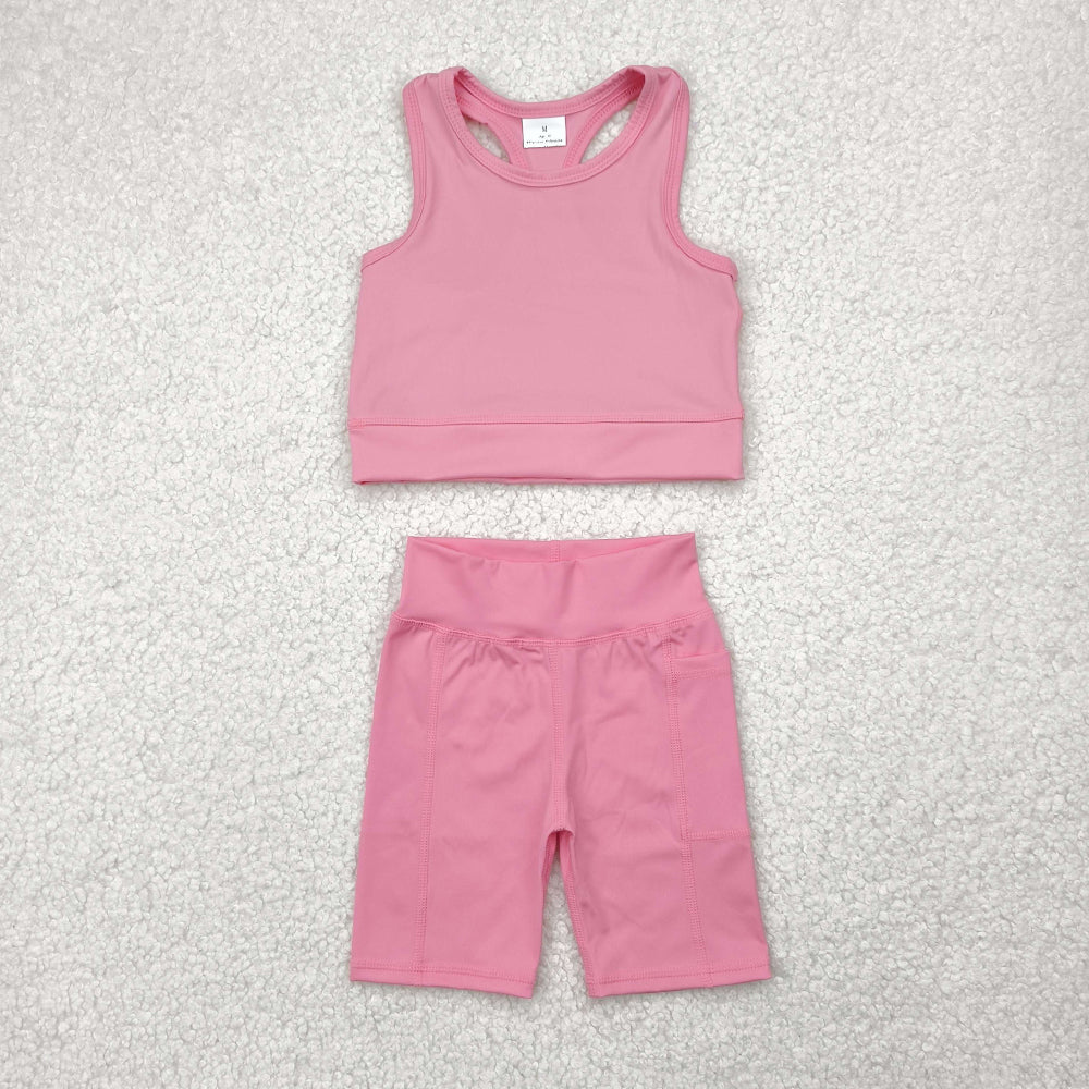 RTS NO MOQ Baby Girls Summer Kids Sets GSSO1516 Pink Athletic Active Wear Top Shorts Clothes Sets