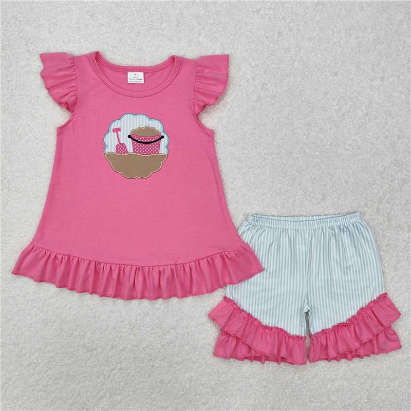 5.14 RTS NO MOQ Summer Sibling Baby Girls Sea Flutter Sleeve Top Shorts Clothes Sets