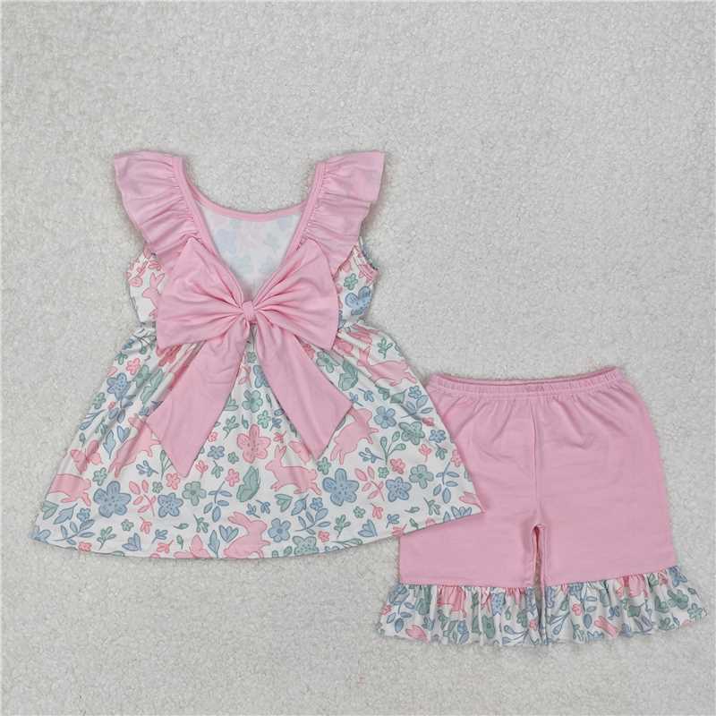 5.24 RTS NO MOQ Summer Sibling Baby Girls Pink Easter Rabbits Rompers Outfits Sets