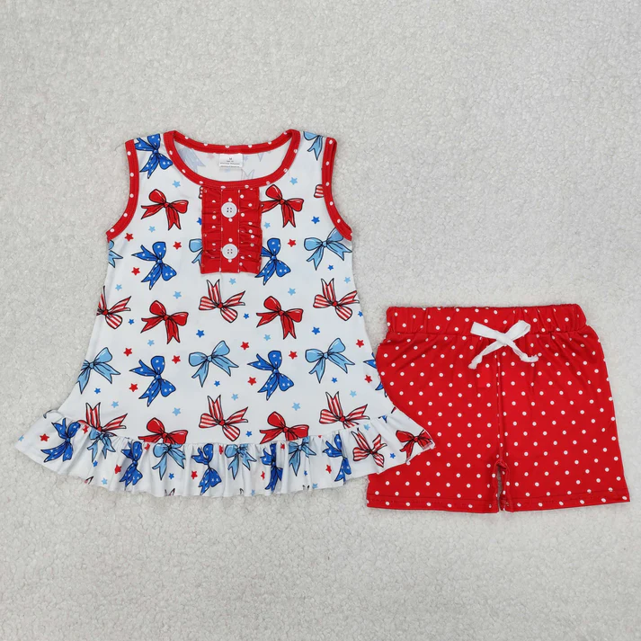 RTS NO MOQ Summer Sibling Baby Girls 4th Of July Sleeveless Bows Tunic Shorts Sets