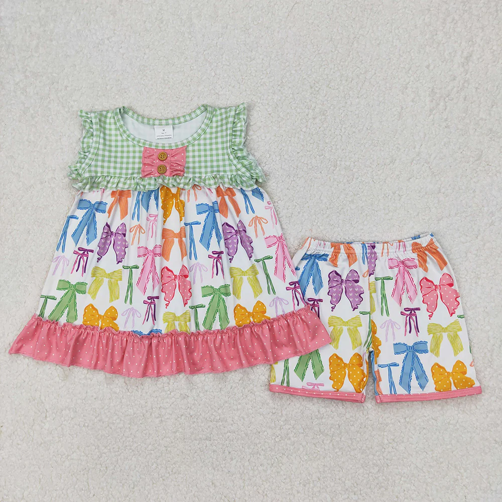 RTS NO MOQ Summer Sibling Baby Girls Sleeveless Colorful Bows Tops Shorts Outfits Sets