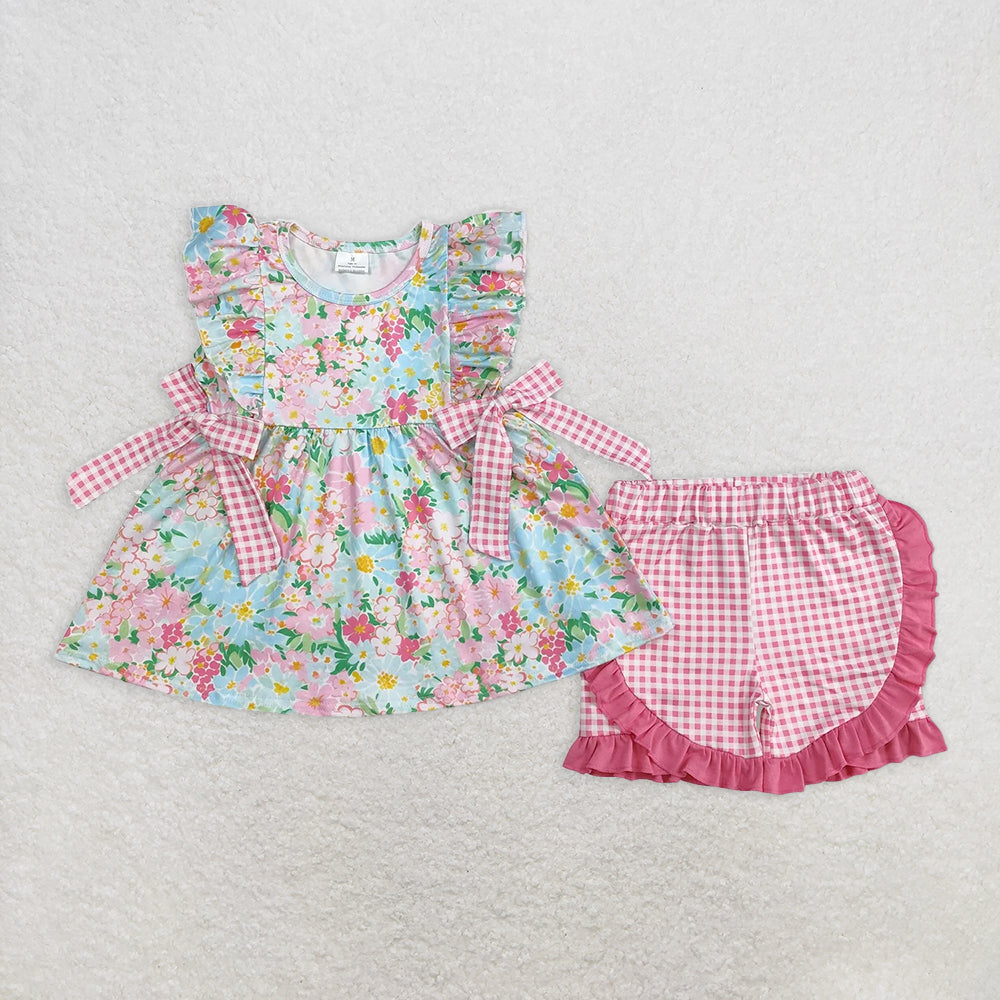 RTS NO MOQ Baby Girls Summer Sets GSSO2111 Blue Pink Flowers Bows Tunic Ruffle Shorts Clothes Sets