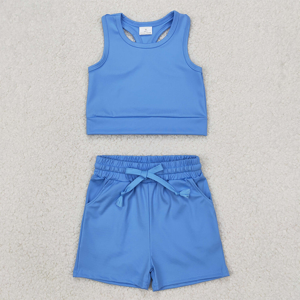 RTS NO MOQ Baby Girls Summer Kids Sets GSSO2132 Blue Vest Top Yoga Sports Shorts Clothes Sets