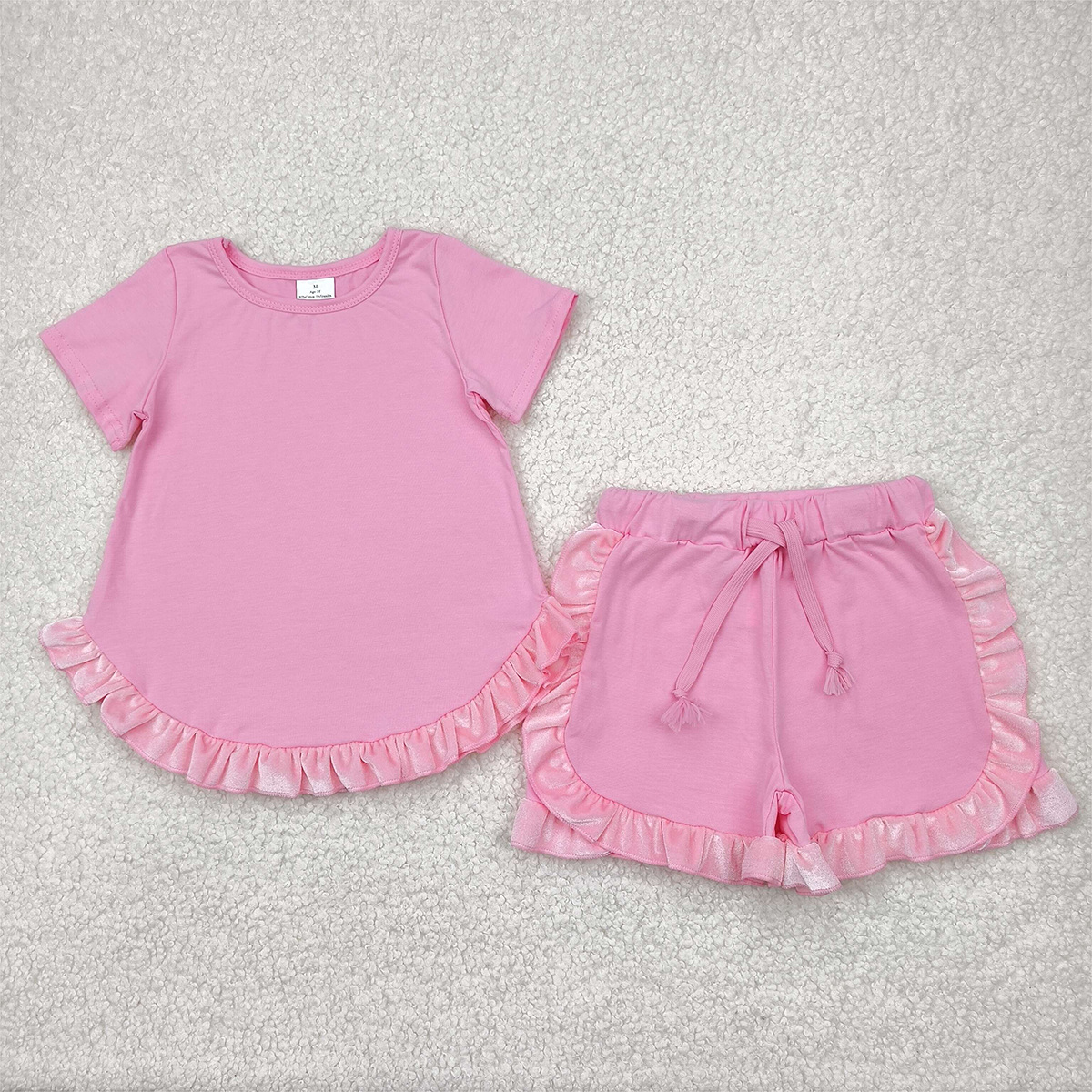 RTS NO MOQ Baby Girls Summer Sets GSSO2181 Pink Cotton Top Ruffle Shorts Clothes Sets