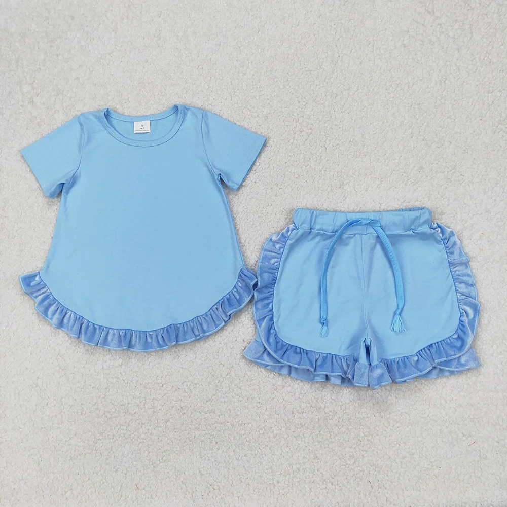 7.7 RTS NO MOQ Summer Sibling Baby Girls Cotton Top Ruffle Shorts Clothes Sets