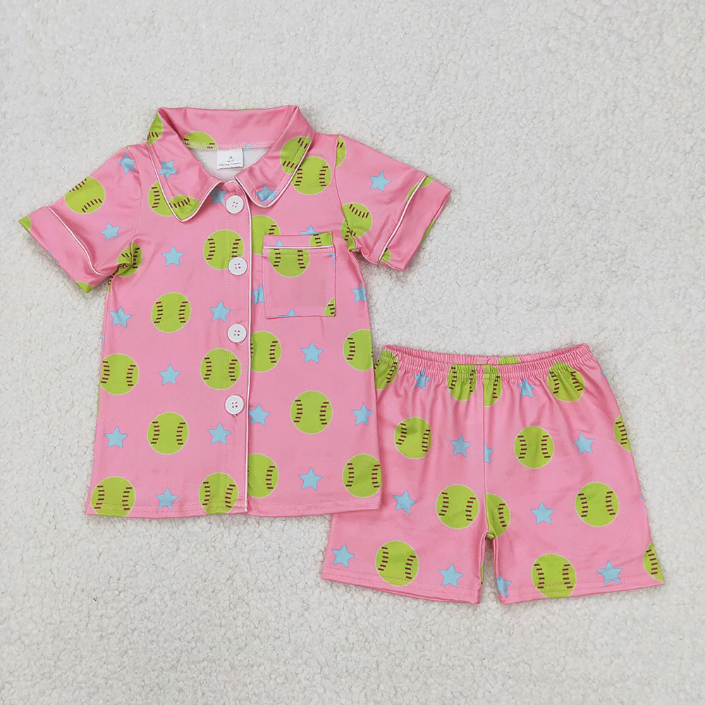 7.7 RTS NO MOQ Summer Sibling Baby Girls Pink Sports Buttons Top Shorts Pajamas Outfits