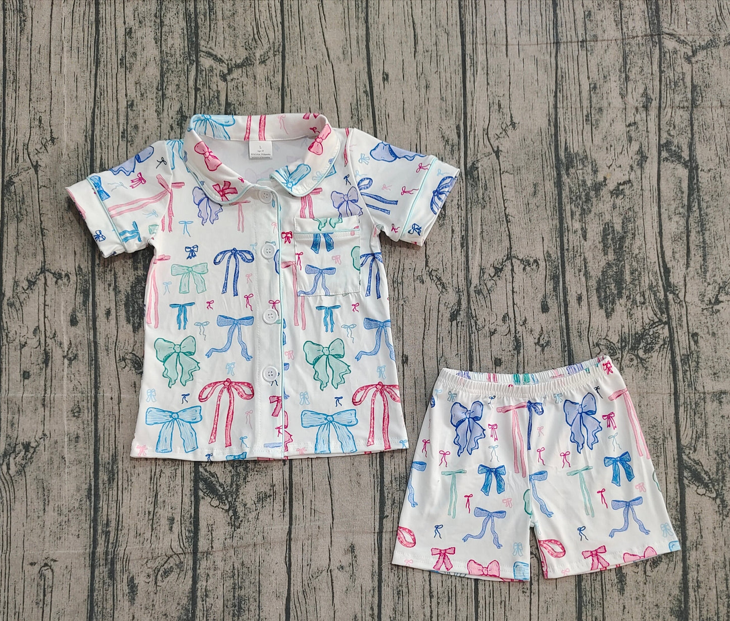 RTS Baby Girl Short Sleeves Colorful Bows Buttons Shirt Shorts Pajamas Set