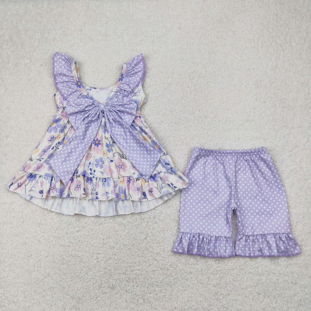 RTS NO MOQ Baby Girls Summer Sets GSSO2306 Lavender Flowers Bow Tunic Ruffle Shorts Clothes Sets