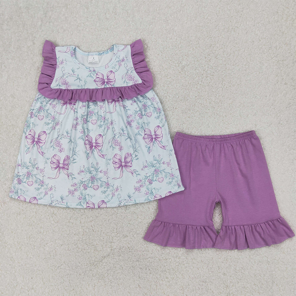 RTS NO MOQ Baby Girls Summer Sets GSSO2315 Purple Flowers Flutter Sleeve Tunic Ruffle Shorts Clothes Sets