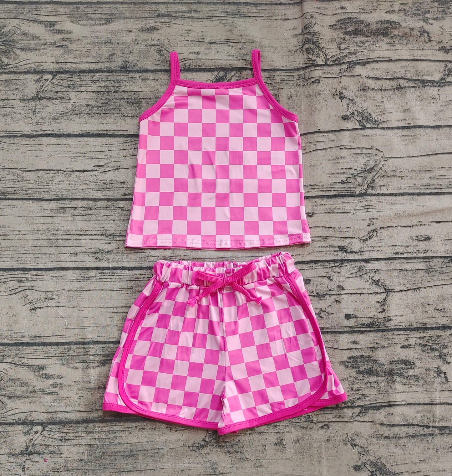4.11 GSSO2336 Baby Girls Pink Strap Plaid Top Short Sport Set Pre order