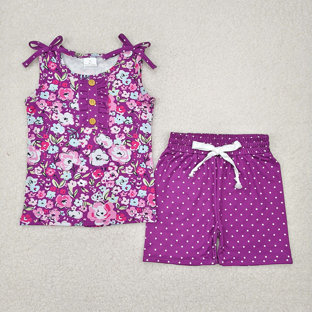 RTS NO MOQ Baby Girls Summer Sets GSSO2358 Purple Sleeveless Floral Button Top Polka Dots Shorts Sets