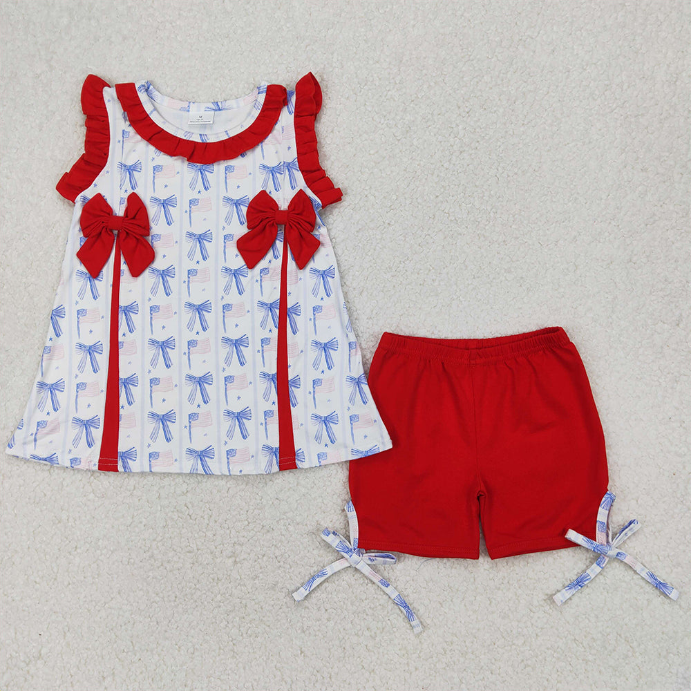 RTS NO MOQ Baby Girls Summer Sets GSSO2373 Red Blue Bows Flags Tunic Ruffle Shorts 4th Of July Set