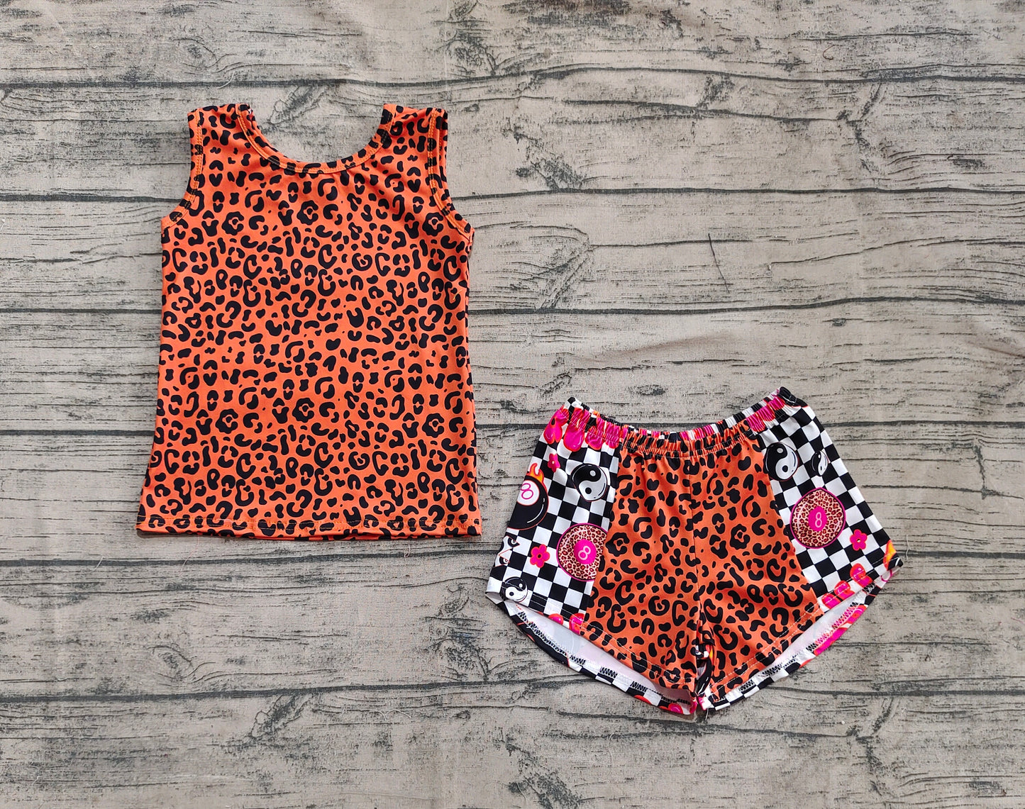 4.11 GSSO2391 Baby Girls Sleeveless Leopard Top Black Plaid Shorts Set Pre order