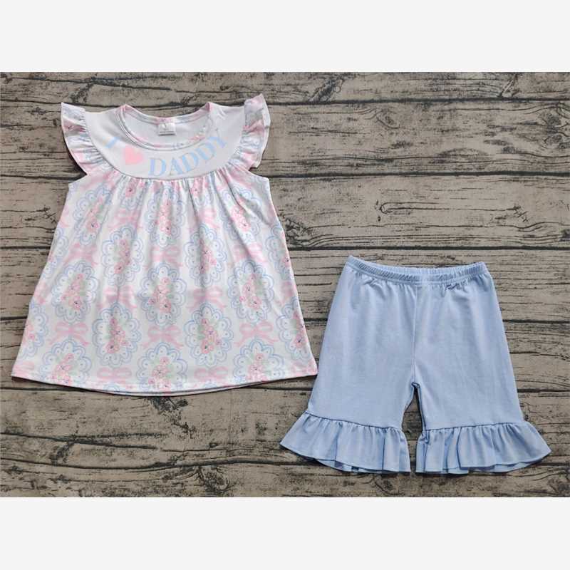 RTS NO MOQ Summer Sibling Baby Girls I LOVE DADDY Floral Bows Tunic Ruffle Shorts Rompers Sets