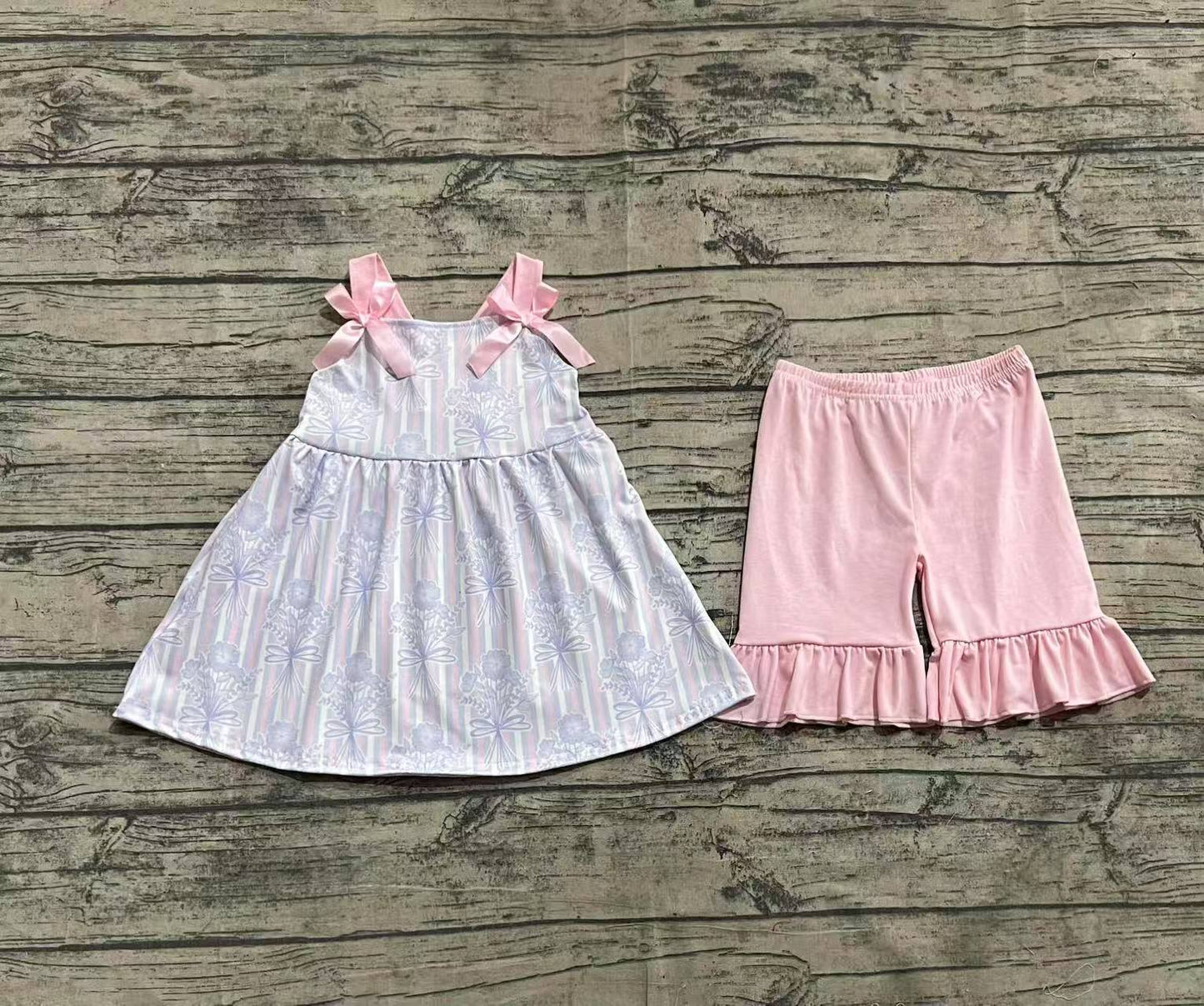 3.29 GSSO2429 Baby Girls Pink Strap Floral Stripe Tunic Ruffle Short Set pre order