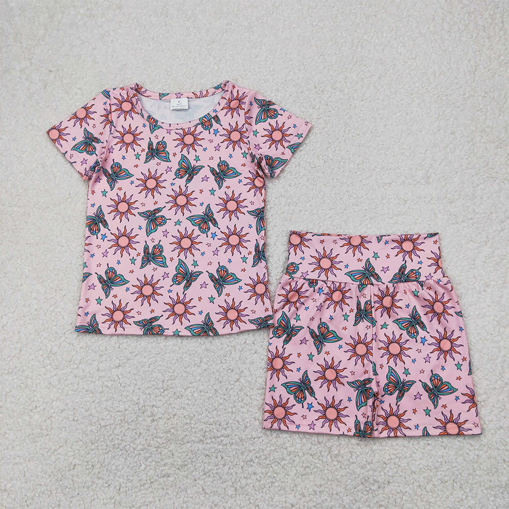 RTS NO MOQ Baby Girls Summer Sets GSSO2437 Pink Short Sleeves Butterfly Suns Stars Top Shorts Pajamas Sets
