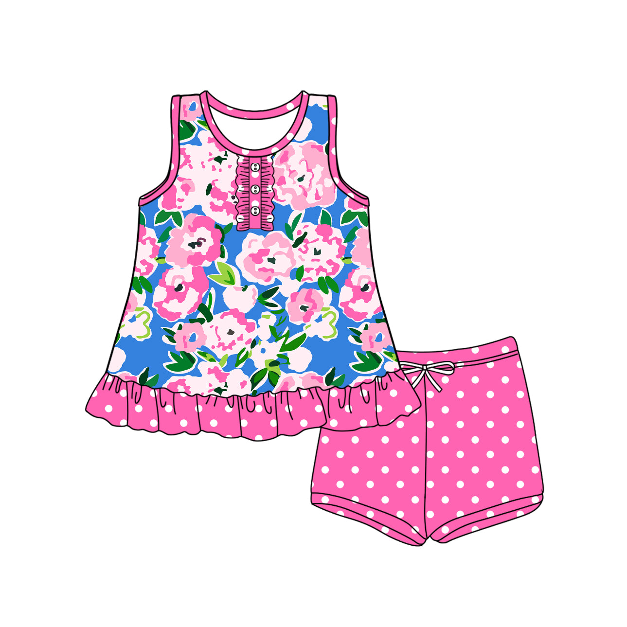 4.10 GSSO2453 Baby Girls Hot Pink Sleeveless Button Watercolor Floral Tunic Polka Dots Short Set Pre order