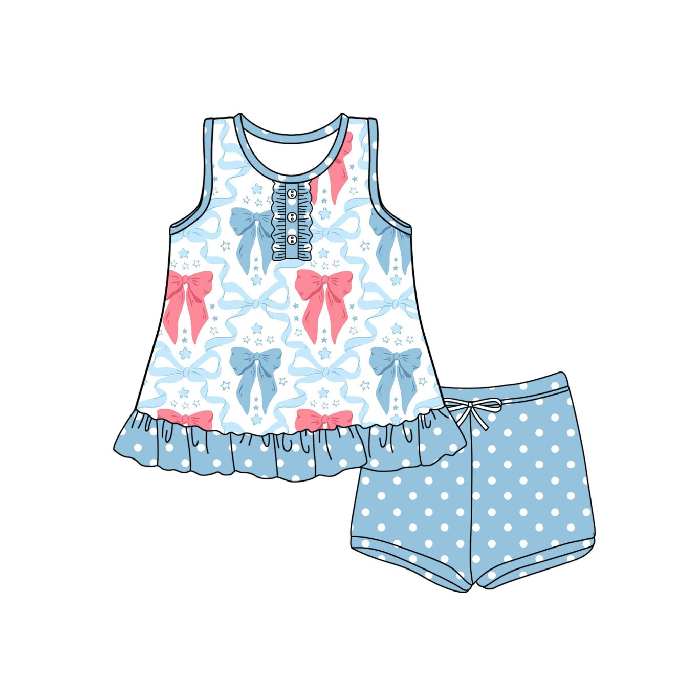 4.10 GSSO2454 Baby Girls Blue Sleeveless Button Bows Stars Tunic Polka Dots Short Set Pre order